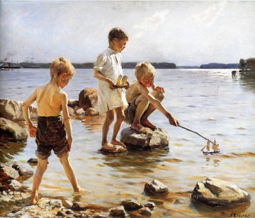 two boys singing Painting - Boys Playing at the beach Child impressionism